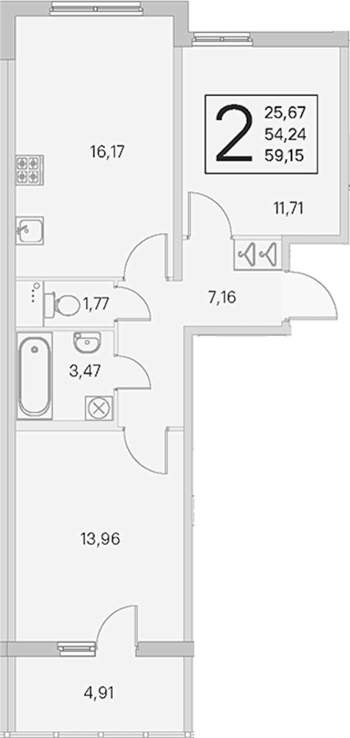 2-комнатная квартира 54.24 м², 1/4 эт., ЖК «Любоград в Стрельне»